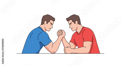 Two men arm wrestling on a table with a white background