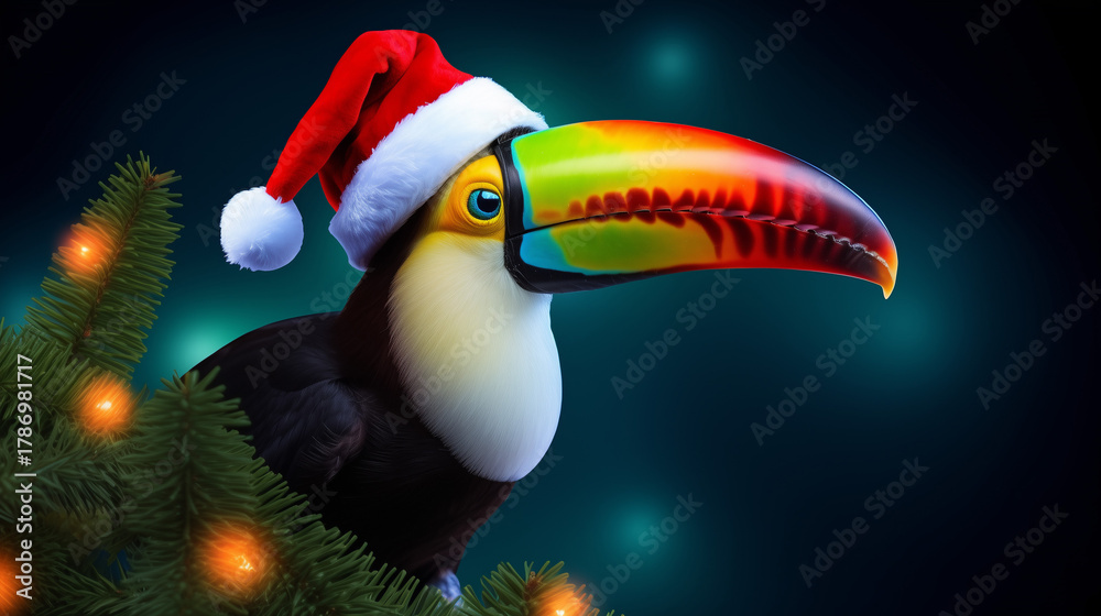 Obraz premium a Toucan with a Brightly Colored Beak Wearing a Classic Santa Hat, Perched on a Christmas Tree Branch with Bokeh Lights. Perfect for tropical holiday advertising, unique Christmas cards