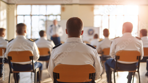 Police Cadets in White Uniforms Attending a Lecture or Training Session Led by an Instructor in a Bright Classroom. Law enforcement academy concept for public safety, military training