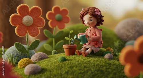 A cute girl tending a small plant in a whimsical garden setting.