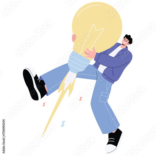Startup Illustration. Vector illustration of Man holding giant rocket lightbulb with money symbols, symbolizing profitable startup idea, revenue growth and innovation. Isolated on background