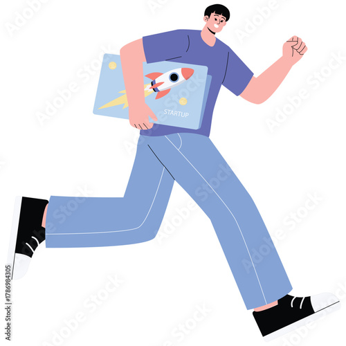 Startup Illustration. Vector illustration of Young founder running fast while holding startup pitch deck, symbolizing urgency, hustle and opportunity chase. Isolated on background