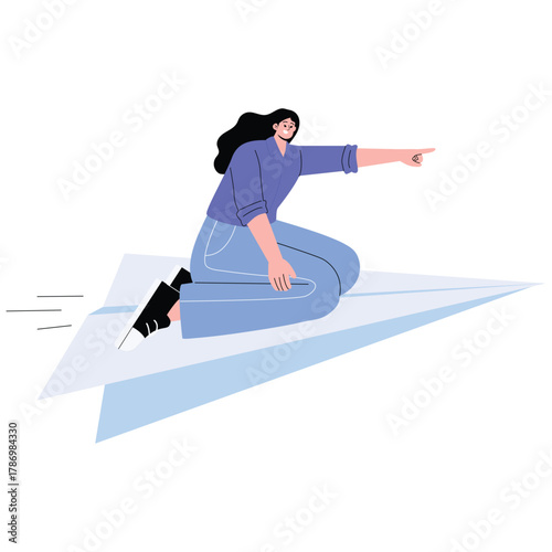Startup Illustration. Vector illustration of Businesswoman riding paper plane and pointing forward, symbolizing direction, leadership and fast strategic decisions. Isolated on background