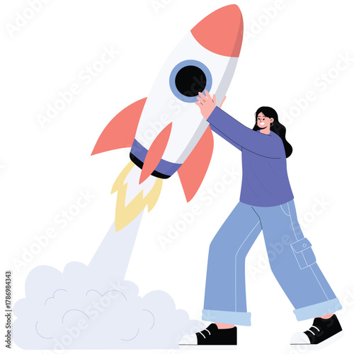 Startup Illustration. Vector illustration of Woman helping push large rocket at liftoff, representing teamwork, support and launching new business project. Isolated on background