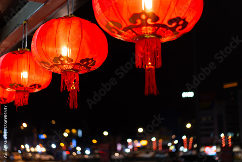 Chinese red lanterns at night during the New Year festival