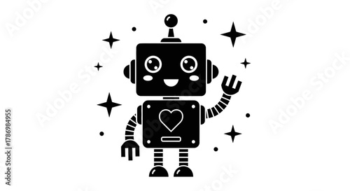 Cute robot waving hello with a heart design, perfect for kids projects