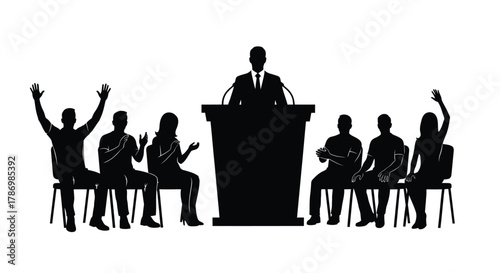 Excited audience listening to speaker at podium silhouette illustration