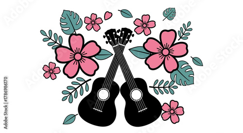 Ukuleles crossed with tropical flowers for vibrant island vibes art