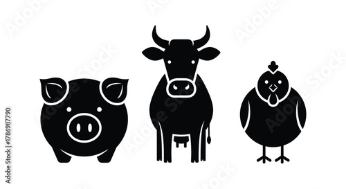 Farm animals simple icons pig cow chicken black silhouette on white