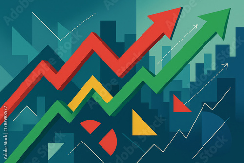 Artistic interpretation of stock market displaying colorful upward arrows and geometric shapes symbolizing growth and financial progress in modern cityscape background