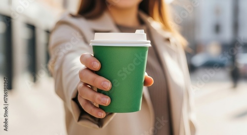 Coffee break Stylish woman offering green paper cup in sundrenched city.