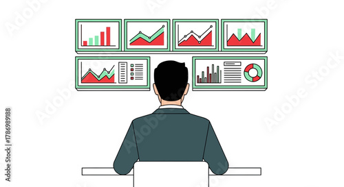 Business analyst reviews financial charts on multiple screens at desk