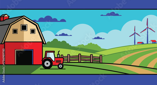Vibrant farm landscape with red barn, tractor, and wind turbines.
