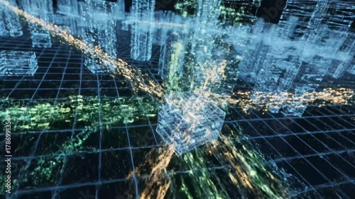 Futuristic Cityscape Data Visualization - An abstract video of a cityscape, represented by illuminated points and lines, highlighting data flow or digital connectivity.