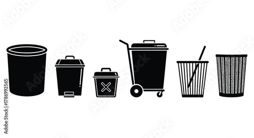 Diverse trash can icons for waste management and recycling concepts
