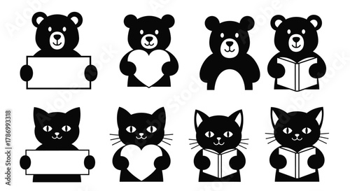 Cute bears and cats holding signs, hearts, and books on white