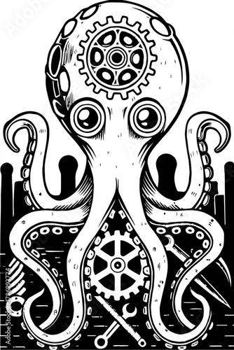 SVG steampunk mechanical gothic skull design. Steampunk Octopus Illustration with Gears and Mechanical Elements