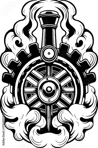 SVG steampunk mechanical gothic skull design. Vintage Ship Wheel and Gears with Steam Clouds Illustration