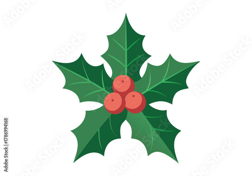 Simple holly sprig with red berries on a beige background, a minimalist christmas illustration for holiday cards and decorations