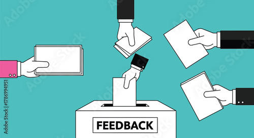 Illustration of feedback box hands submitting reviews documents