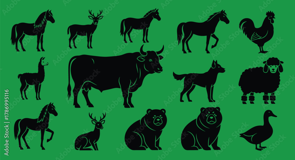 Fototapeta premium Farm animals vector illustration silhouette livestock collection