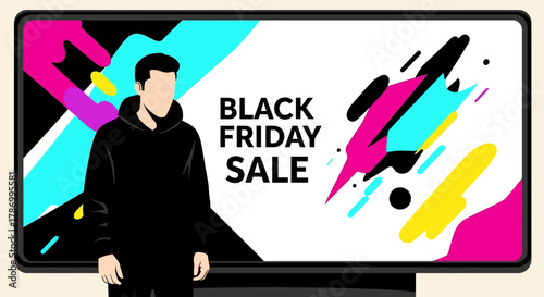Black Friday Sale Banner with Abstract Design and Man. Flat Vector Illustrations. EPS Editable