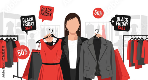 Black Friday Sale Event Featuring Woman with Fashionable Outfits and Discounts. Flat Vector Illustrations. EPS Editable