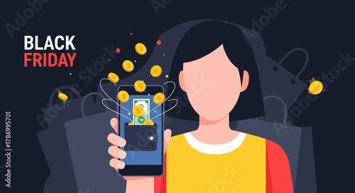 Black Friday Shopping Online with Mobile Phone and Coins. Flat Vector Illustrations. EPS Editable