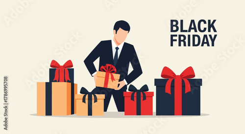 Black Friday Shopping Man With Many Gifts. Flat Vector Illustrations. EPS Editable