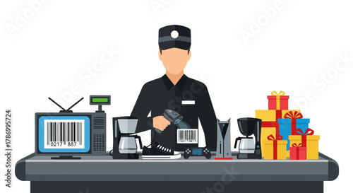 Cashier Scanning Products at Checkout Counter with Coffee Makers and Gifts. Flat Vector Illustrations. EPS Editable