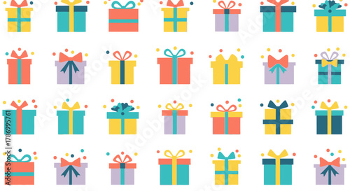 Collection of Colorful Gift Boxes with Ribbons and Confetti. Flat Vector Illustrations. EPS Editable
