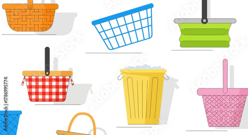 Collection of Various Shopping Baskets and Containers. Flat Vector Illustrations. EPS Editable