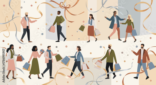 Diverse Group of People Enjoying Shopping and Carrying Bags. Flat Vector Illustrations. EPS Editable