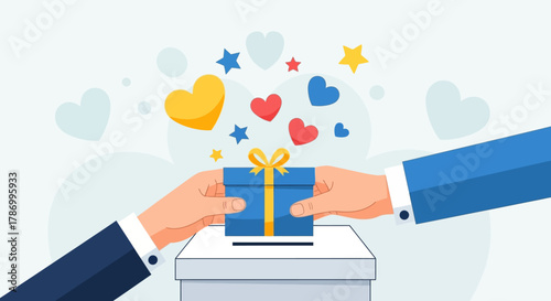 Donation Box Concept with Gift and Hearts Symbolizing Generosity and Charity. Flat Vector Illustrations. EPS Editable