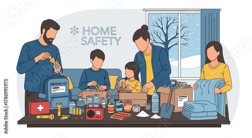Family Preparing Home Safety Kit for Winter Emergency Preparedness. Flat Vector Illustrations. EPS Editable