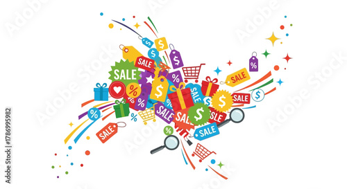 Explosion of Shopping Icons and Sale Symbols Representing Consumerism and Commerce. Flat Vector Illustrations. EPS Editable