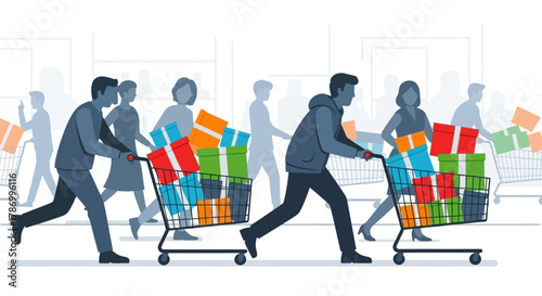 People rushing with shopping carts full of gifts and presents. Flat Vector Illustrations. EPS Editable