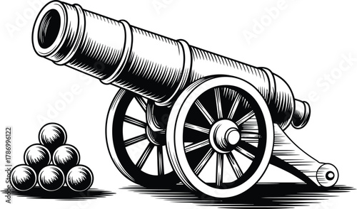 Vintage cannon with cannonballs hand drawn illustration in black and white
