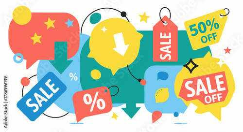Vibrant Sale and Discount Promotion with Colorful Speech Bubbles and Tags. Flat Vector Illustrations. EPS Editable