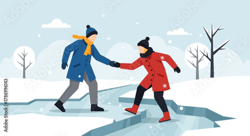 Two friends holding hands while ice skating on a frozen lake during winter. Flat Vector Illustrations. EPS Editable