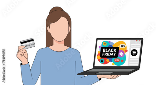 Woman Holding Credit Card and Laptop with Black Friday Sale on Screen. Flat Vector Illustrations. EPS Editable