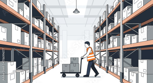Warehouse Worker Pushing Cart Full of Boxes Between Tall Shelves. Flat Vector Illustrations. EPS Editable