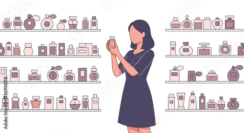 Woman Choosing Perfume Bottle from Shelves in Store. Flat Vector Illustrations. EPS Editable
