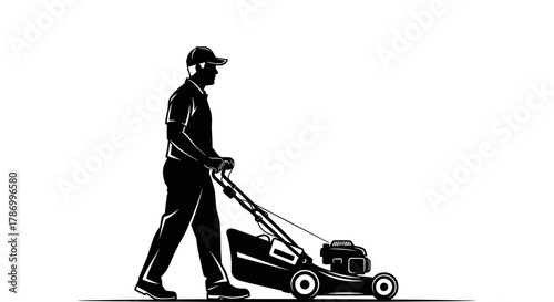 Professional gardener pushing lawnmower for perfect lawn maintenance service