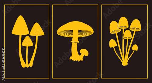 Mushroom art print set minimalist botanical wall decor illustration