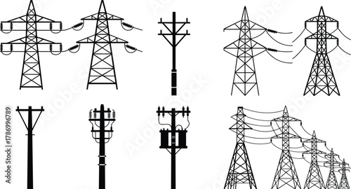 Electrical transmission towers, utility poles, power lines, transformer pole, energy infrastructure, electricity grid, industrial engineering, distribution system, lattice tower,
