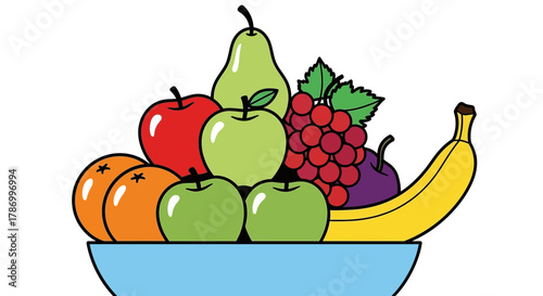 Vibrant fruit bowl overflowing with fresh apples, bananas, grapes, and oranges