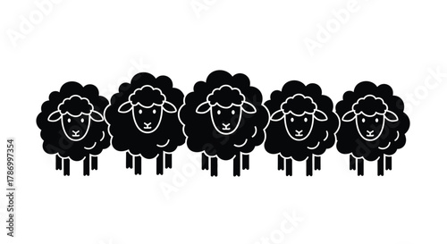 Five fluffy sheep in a row, simple modern design, farm animals
