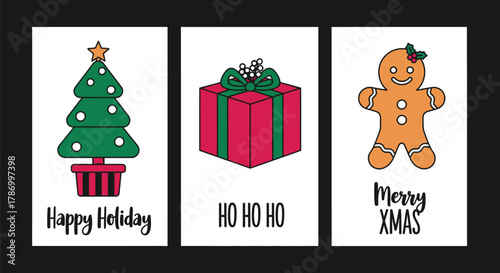 Christmas holiday greetings card set with tree gift and gingerbread