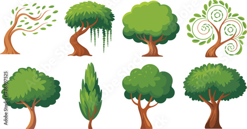 Stylized tree illustration set, diverse artistic tree designs, whimsical foliage, coniferous and broadleaf variations, decorative nature clipart, educational 